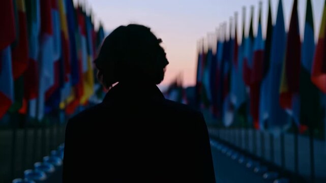 Person walks forward along flag lined pathway during evening light with silhouetted figure centered between rows of colorful flags, creating calm outdoor atmosphere and symmetrical perspective