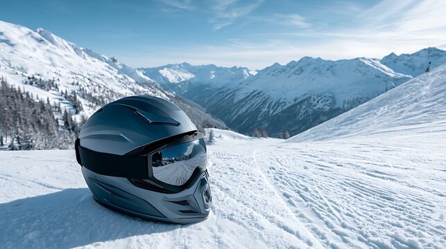 A grey protective helmet with goggles sits on a snowy mountain slope in the Alps. Ideal for winter sports equipment and extreme adventure travel marketing.