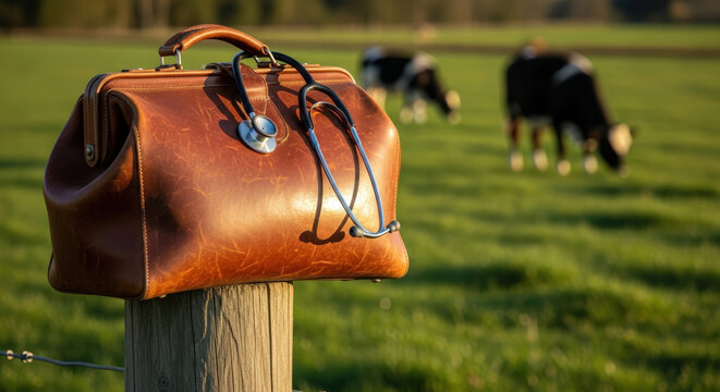 Brown leather medical bag with stethoscope on a fence post in a green field with cows. Concept of rural animal healthcare