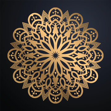 Premium Gold Mandala Ornament Illustration Luxury Circular Geometric Pattern Dark Navy Blue Background Metallic Decorative Artwork High Detail Design

