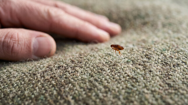 Tiny flea jumping near human hand on fabric micro macro photography high detail. Concept of small, parasite, insect, pest, pest control, cloth. Copy space.
