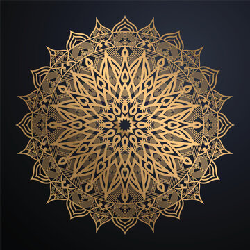 Luxury Ornamental Gold Mandala Art Centered Circular Geometric Emblem With Chevron Spiral Details On Rich Navy Blue Background Premium Decorative Design
