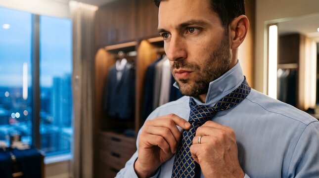 Focused handsome businessman adjusting patterned necktie in front of mirror in modern luxury dressing room.