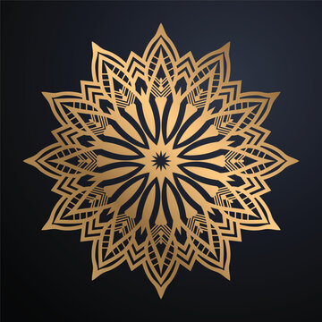Premium Metallic Gold Mandala Ornament Design Symmetrical Circular Decorative Pattern Luxury Navy Blue Gradient Background Elegant Graphic Illustration
