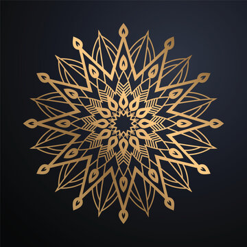 Luxury Metallic Bronze Gold Mandala Background Elegant Circular Floral Ornament With Starburst Core Dark Navy Blue Gradient Premium Decorative Graphic Design

