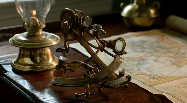 An antique brass sextant rests on a wooden desk beside a map and an oil lamp