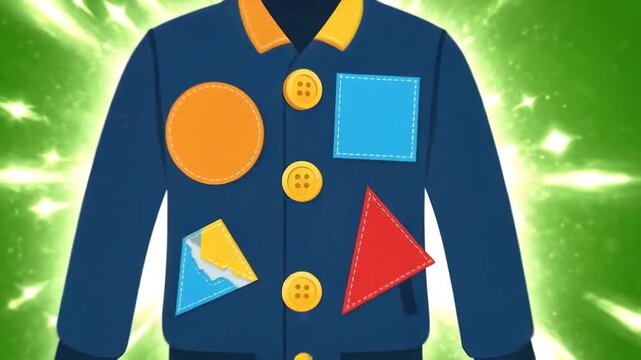 Cartoon blue jacket getting repaired with colorful patches and buttons
