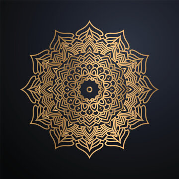 Premium Bronze Gold Mandala Ornament Illustration Intricate Circular Floral Pattern With Leaf Petals Teardrop Loops Luxury Navy Charcoal Background
