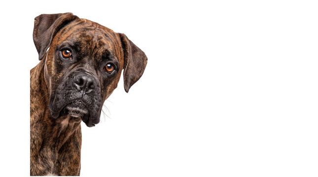 Boxer dog head tilted, looking directly at png on isolated transparent background