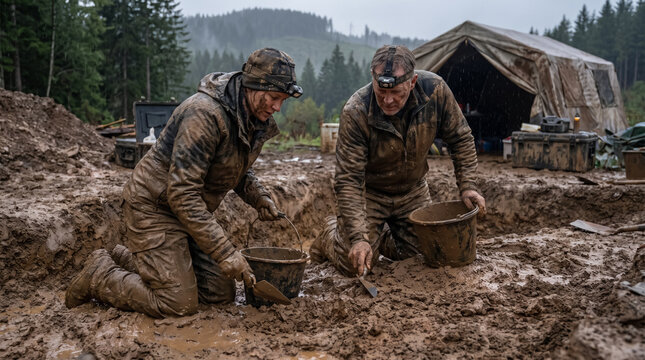 Archaeologists working in extreme muddy conditions digging carrying out search excavation in forest field camp. Concept of mud, archaeological dig, dirty, excavation site, research team, hard work.