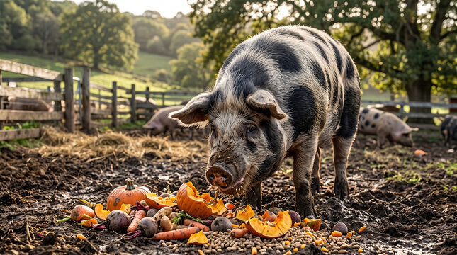 Large spotted hog eating fresh pumpkins and vegetables on a muddy farm field outdoors. Concept of heavy, pig, farm animal, feeding, swine, livestock, mud, organic farm.