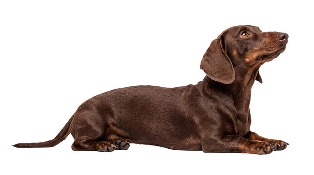 Brown dachshund dog lying down on a white png on isolated transparent background