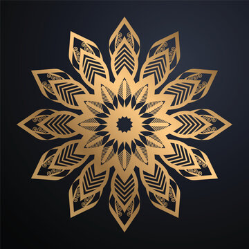 Premium Decorative Mandala Artwork Featuring Golden Foil Texture Symmetrical Pattern Deep Blue Gradient Background Design