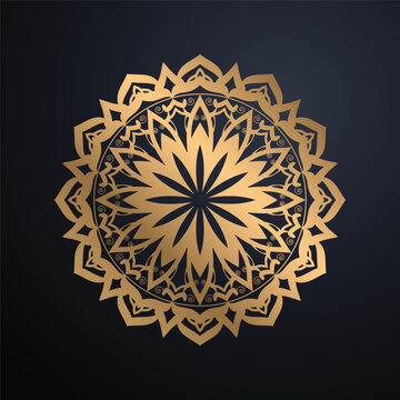 Elegant Metallic Gold Circular Mandala Background Featuring Starburst Core Teardrop Petals Chevron Geometry And Decorative Lattice Artwork
