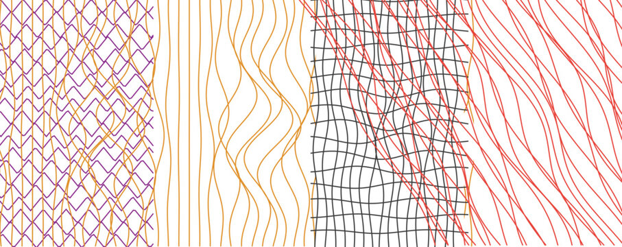 Abstract digital graphic artwork featuring purple orange black red interwoven grid patterns