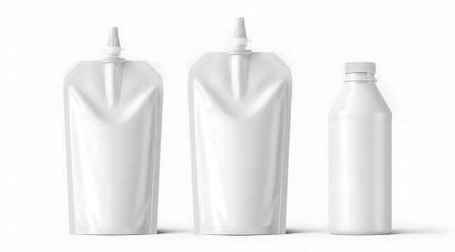 White plastic spout pouch prototype, empty flexible liquid container, realistic doy-pack container for food and cosmetics, ideal for branding purposes