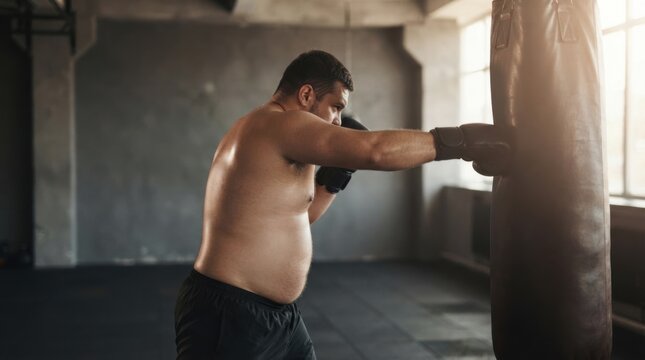 Athletic Man Training with Punching Bag in Gym Setting