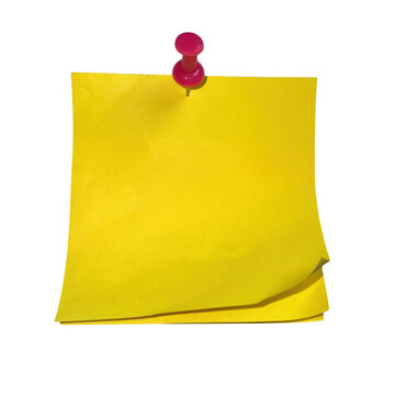Bright yellow sticky note paper attached with a red push pin for reminders and important office work messages