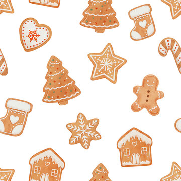 Watercolor Seamless Christmas Gingerbread Cookie Pattern with Tree, Man, House and Candy Cane