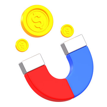 Horseshoe magnet attracting gold dollar coins representing financial wealth generation