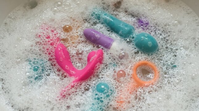 Various Adult Toys Submerged in Soapy Water and Foam