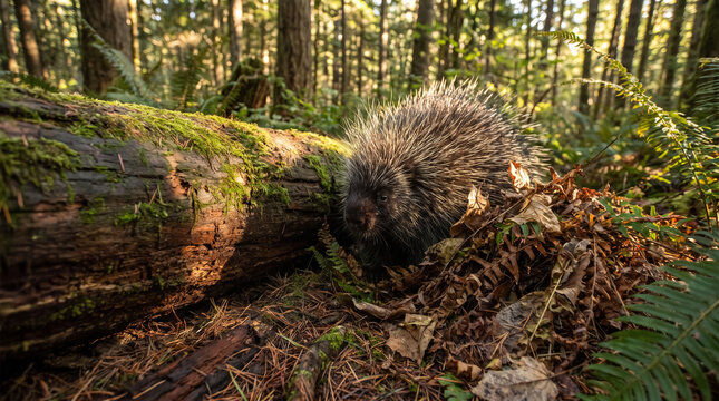 Wild porcupine hiding near mossy fallen log in sunlit forest habitat. Concept of wildlife, quills, wild animal, nature, rodent.