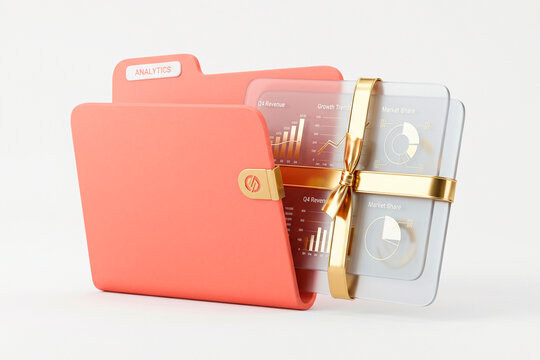 Carpeta 3D color coral con lazo dorado y paneles de cristal mostrando gr&aacute;ficos de anal&iacute;tica de datos.