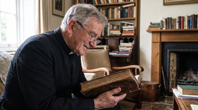 Senior catholic priest sitting in cozy study room reading holy bible book carefully. Concept of old, senior man, clergyman, old book.