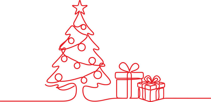 Red continuous line art of a Christmas tree with presents for winter holiday design