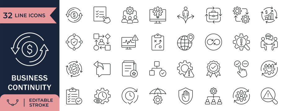 Business Continuity line icon set. Risk Management and Disaster Recovery editable stoke  