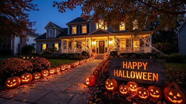 House decorated for halloween with glowing jackolanterns and cobwebs