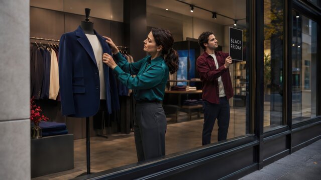 Female retail worker adjusting clothing display in store window while male colleague holds Black Friday sign, modern boutique interior visible in the background