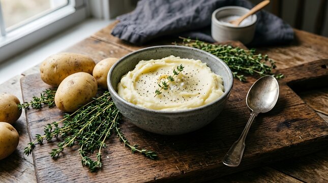 Bowl of smooth mashed potatoes garnished with fresh thyme on a wooden cutting board with raw potatoes and herbs