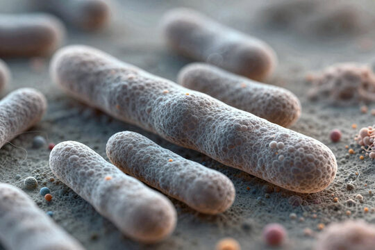 Close-up view of bacteria showing detailed structure and texture on a surface