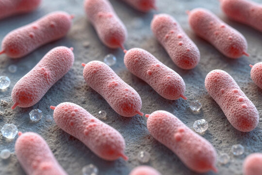 Close-up view of pink bacteria on a textured surface under light