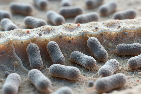 Close-up view of bacteria interacting with a biological surface