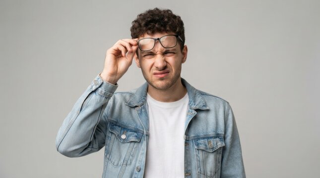 Confused Young Man Adjusting Glasses with Scrunched Face
