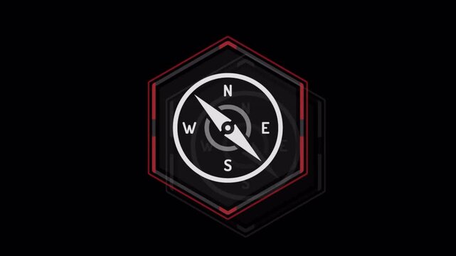 Abstract digital compass navigation icon with red glowing hexagonal frame animation.