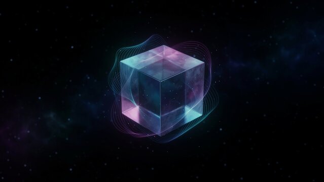 Glowing futuristic energy cube floating in dark space.