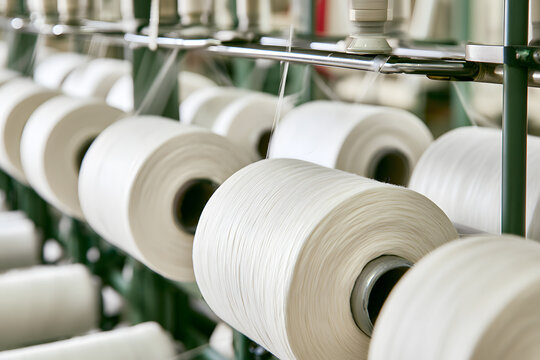 White yarn spools are transporting on the textile production machine