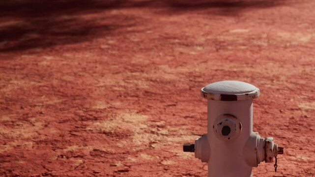 A fire hydrant stands alone on cracked, dry soil under sunlight. The area appears desolate with little greenery around. The hydrant is white, showing signs of wear.