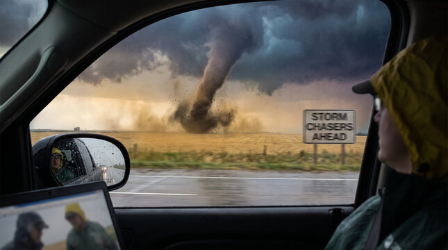 Massive Tornado Approaching Road View From Inside Car With Storm Chaser Person driving. Concept of fast, moving, severe weather, extreme weather, hurricane, twister, fast moving, storm chasing.