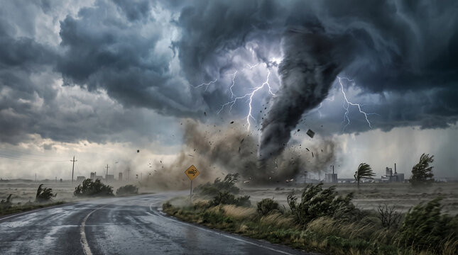 Powerful tornado with lightning striking over country road during extreme weather storm background. Concept of fast, moving, severe weather, twister, hurricane, cyclone, thunderstorm.
