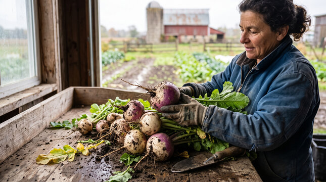 Female Farmer Sorting Freshly Harvested Organic Turnips on Wooden Table at Farm. Concept of organic vegetable, root vegetable, agriculture, raw food, woman farmer, fresh produce, rural life.