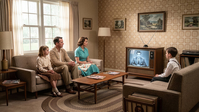 american 1950s family in living room watching black and white television