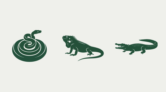 Green silhouette set depicting detailed snake iguana and alligator reptiles designed as clean flat vector graphic icons for professional projects