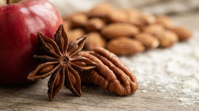Red Apple with Star Anise and Nuts on Wooden Table