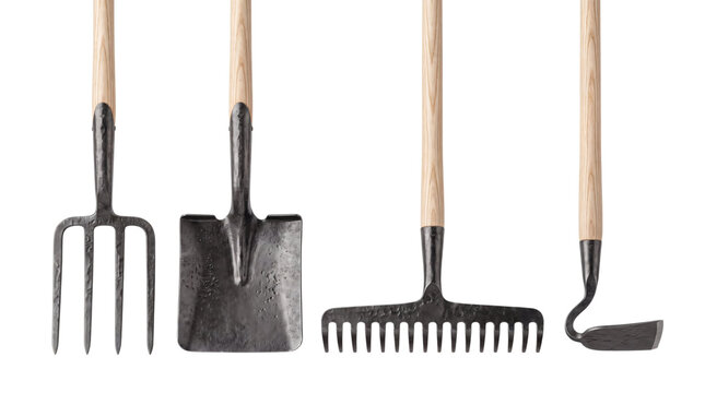 Four metal garden tools with wooden handles png on isolated transparent background