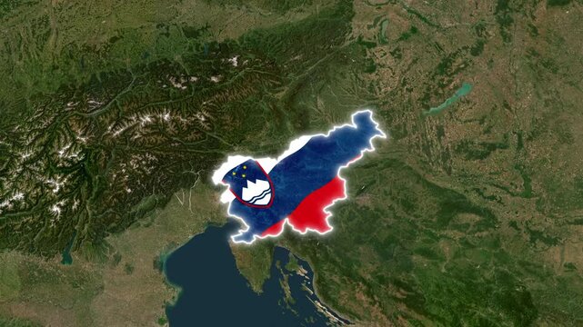 Slovenia map with national flag overlay, satellite view of European country borders, geographic location concept, digital cartography, 3D render of Slovenian territory on Earth globe