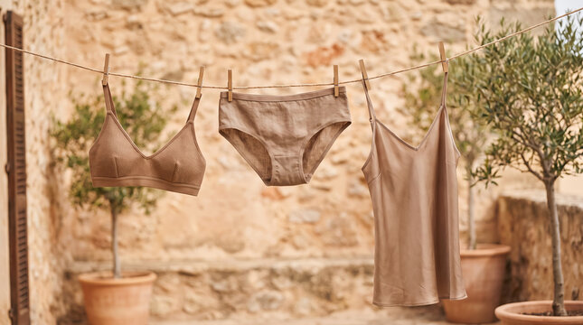 Underwear and lingerie hanging on clothesline outdoors on sunny day with stone wall background. Concept of undergarment, bra, panties, laundry, drying, natural fabric. Copy space.